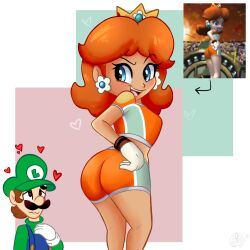 Rule 34 | 1boy, 1girl, :d, ass, ass focus, blue eyes, blush, breasts, brown hair, crop top, crown, daisy&#039;s hot stuff (meme), earrings, facial hair, flower earrings, gloves, green hat, green headwear, green shirt, hand on own hip, hat, heart, highres, inset, jewelry, long hair, long sleeves, looking at another, looking at viewer, looking back, luigi, mario (series), mario strikers (series), midriff, mustache, nintendo, open mouth, overalls, princess daisy, red eyes, shirt, short hair, short sleeves, shorts, smile, sportswear, super mario strikers, teeth, theartyoshi, v-shaped eyebrows, wavy mouth, white gloves