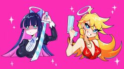 2girls blonde_hair blue_eyes blue_hair blunt_bangs bow breasts closed_mouth colored_inner_hair crystalsugarstars dress earrings gun hair_bow highres holding holding_gun holding_sword holding_weapon hoop_earrings jewelry katana large_breasts long_hair long_sleeves looking_at_viewer multicolored_hair multiple_girls panties panty_&amp;_stocking_with_garterbelt panty_(psg) pink_background pink_hair red_dress siblings simple_background sisters smile sparkle_background stocking_(psg) striped_clothes striped_thighhighs sword thighhighs two-tone_hair underwear unsheathed weapon
