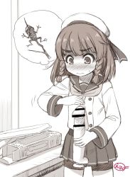 1girl bar_censor bike_shorts blunt_bangs blush box braid censored commentary_request dildo ebifly etorofu_(kancolle) greyscale hat kantai_collection long_sleeves monochrome neckerchief nose_blush pleated_skirt sailor_collar school_uniform serafuku sex_toy short_hair shorts shorts_under_skirt side_braids signature skirt solo sweat