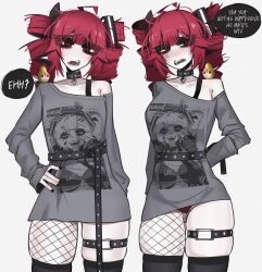 1girl ace_glitch ahoge arm_behind_back belt black_belt black_choker black_nails black_panties black_thighhighs blush bra_strap breasts character_print choker collarbone commentary constricted_pupils cowboy_shot drill_hair english_commentary english_text gluteal_fold grey_shirt hand_on_own_hip hatsune_miku heart heart_choker highres kasane_teto long_sleeves looking_at_viewer medium_hair multiple_views open_mouth panties panty_peek pearto red_eyes red_hair red_panties sharp_teeth shirt simple_background single-shoulder_shirt single_bare_shoulder single_fishnet_legwear skindentation speech_bubble striped_clothes striped_panties teeth thigh_belt thigh_strap thighhighs thighs twin_drills underwear utau vocaloid white_background