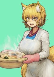 1girl absurdres animal_ear_fluff animal_ears apron aqua_background blonde_hair blue_dress breasts brooch chanta_(ayatakaoisii) cooking_pot cowboy_shot daikon dress extra_ears female_focus fox_ears fox_tail green_background hair_between_eyes highres holding holding_cooking_pot holding_pot hotpot jewelry kappougi konnyaku_(food) large_breasts mittens multiple_tails no_headwear open_mouth oven_mitts pink_mittens pot radish short_hair simple_background slit_pupils solo standing steam tail teeth touhou yakumo_ran yellow_eyes