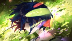 1boy blue_hair closed_mouth crew_neck diurtion eyelashes floating_hair frown gundam gundam_gquuuuuux highres looking_ahead male_focus parted_bangs profile red_eyes sanpaku shirt short_hair short_sideburns shuji_ito solo sparkle upper_body white_shirt
