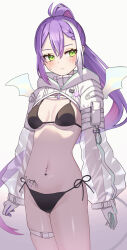 1girl absurdres averting_eyes badge belt bikini black_bikini black_bra black_panties blush bra braid braided_bangs breasts chest_belt cleavage commentary cowboy_shot demon_wings double-parted_bangs ear_piercing gloves gradient_hair green_eyes groin high_ponytail highres hip_tattoo hololive hooded_shrug long_sleeves multicolored_hair navel_piercing o-e331 panties piercing ponytail purple_hair see-through_clothes see-through_sleeves shrug_(clothing) sidelocks small_breasts solo string_bikini string_panties swimsuit thigh_belt thigh_strap tokoyami_towa tokoyami_towa_(cyberpunk) underwear virtual_youtuber white_background white_gloves white_streaks wings