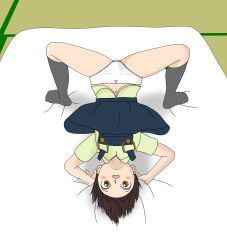 1girl absurdres all_fours bed bending_backward black_dress black_socks blush bow bow_panties brown_eyes brown_hair clothes_lift crotch_seam dress dress_lift flat_chest futon green_shirt highres kneehighs loli looking_at_viewer navel on_bed open_mouth original panties sexless2012 shirt short_hair short_sleeves sleeveless sleeveless_dress socks spread_legs underwear white_bow white_panties