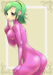 1girl absurdres ass bodysuit breasts camelot catsuit covered_erect_nipples golden_sun green_hair hairband highres karis_(golden_sun) latex latex_suit looking_back pink_theme ponytail rubber shiny_clothes simple_background skin_tight