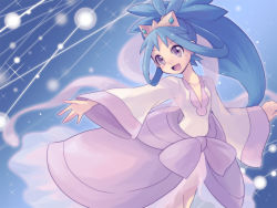 Rule 34 | 10s, 1girl, :d, blue hair, bow, brown eyes, cowboy shot, crown, cubexcube, dark-skinned female, dark skin, dress, female focus, hagoromo, iris (pokemon), long hair, nintendo, open mouth, outstretched arm, pokemon, pokemon bw2, ponytail, purple eyes, shawl, smile, solo, sparkle, waist bow