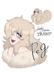Rule 34 | animal collar, animification, blonde hair, blue eyes, collar, dog, dress, hair over one eye, highres, humanization, lady and the tramp, makeup, mascara, moko eaka, open mouth, parted lips, peg (disney), personification, reference inset, simple background, smile, tail, wavy hair