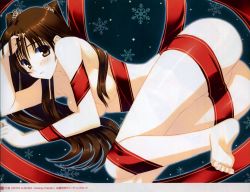 10s 1girl bare_legs bare_shoulders barefoot blush brown_eyes brown_hair convenient_censoring feet female_focus highres long_hair looking_at_viewer lying nakamura_takeshi naked_ribbon non-web_source nude ogiso_setsuna ribbon smile solo toes white_album_(series) white_album_2