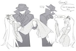1boy 2girls air_zizon bare_shoulders carrying clone closed_mouth clothing_cutout coat collared_shirt cowboy_shot crown dress eunoia_(frozen_soul) facing_another fedora frozen_soul hat highres lapels long_hair long_sleeves mafioso_(frozen_soul) multiple_girls necktie notched_lapels princess_carry roblox shirt shoulder_cutout smile very_long_hair