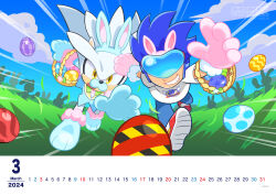 2boys absurdres animal_ears basket blue_sky calendar_(medium) cloud cosplay day easter_egg egg fake_animal_ears furry furry_male hayane_tomoko hedgehog_boy highres male_focus multiple_boys official_art open_mouth outdoors paw_shoes rabbit_ears reaching running shirt silver_the_hedgehog sky smirk sonic_(series) sonic_channel sonic_man sonic_the_hedgehog sonic_the_hedgehog_(cosplay) white_shirt yellow_eyes