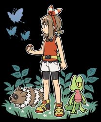 1girl arm_at_side beautifly bike_shorts brown_hair creatures_(company) full_body game_freak gen_3_pokemon holding holding_poke_ball may_(pokemon) nintendo numae_kaeru poke_ball pokemon pokemon_(creature) pokemon_oras red_shirt shirt short_hair shorts treecko white_shorts zigzagoon