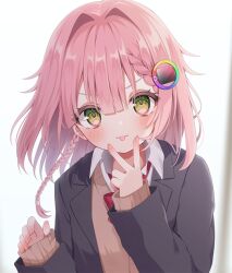 1girl black_jacket bow bowtie braid brown_vest color_picker green_eyes hair_between_eyes hair_flaps hair_intakes hair_ornament indie_virtual_youtuber jacket long_sleeves looking_at_viewer medium_hair nufucha nufucha_(vtuber) open_clothes open_jacket pink_hair red_bow red_bowtie school_uniform shirt simple_background solo tongue tongue_out upper_body v vest virtual_youtuber white_background white_shirt