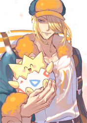 Rule 34 | 1boy, ^ ^, arms up, belt, belt buckle, black belt, blue eyes, blush stickers, buckle, newsboy cap, closed eyes, closed mouth, collarbone, eggshell, elemoncake, floating hair, fur-trimmed sleeves, fur trim, gen 2 pokemon, ginkgo guild uniform, hair over one eye, hat, highres, holding, holding pokemon, long sleeves, looking at another, male focus, multicolored hat, nintendo, one eye covered, open mouth, orange fur, pokemon, pokemon (creature), pokemon legends: arceus, simple background, smile, solo, togepi, upper body, volo (pokemon), white background