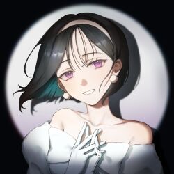 1girl alien_stage bare_shoulders black_hair bob_cut collarbone commentary dress earrings eating_(eetw7887) english_commentary gloves hairband highres jewelry off-shoulder_dress off_shoulder pearl_earrings portrait puffy_sleeves purple_eyes short_hair smile solo sphere_earrings spotlight sua_(alien_stage) white_gloves white_hairband