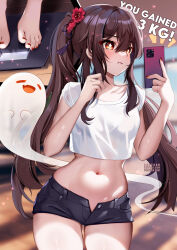 1girl barefoot black_shorts boo_tao_(genshin_impact) brown_hair cellphone commentary cowboy_shot crop_top crop_top_overhang genshin_impact highres holding holding_phone hu_tao_(genshin_impact) long_hair midriff multiple_views navel no_headwear open_fly orange_eyes phone shirt short_shorts short_sleeves shorts smartphone squchan standing stomach thighs twintails very_long_hair white_shirt