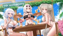 Rule 34 | 3girls, :o, absurdres, ahoge, anniversary, aqua bikini, ass, azur lane, baby animal, bare shoulders, bikini, bird, black bikini, blue eyes, blue sky, blunt bangs, blush, braid, braided bun, breasts, chair, chick, cleavage, closed mouth, cloud, collarbone, commentary, crossed bangs, cup, day, dessert, double bun, english commentary, eyewear on head, feather boa, flower, food, formidable (azur lane), formidable (the lady of the beach) (azur lane), frilled bikini, frilled thigh strap, frills, grey hair, gzanth, hair between eyes, hair bun, hair flower, hair ornament, heart, heart-shaped eyewear, highres, holding, holding spoon, holding tray, ice cream, illustrious (azur lane), large breasts, long hair, looking at another, looking at viewer, manjuu (azur lane), mole, mole under eye, multi-strapped bikini bottom, multi-strapped bikini top, multiple girls, navel, o-ring, o-ring bikini, o-ring top, ocean, official alternate costume, open mouth, outdoors, paid reward available, palm leaf, parfait, parted lips, pink-framed eyewear, red eyes, scrunchie, short hair, sidelocks, single thighhigh, sirius (azur lane), sirius (scorching-hot seirios) (azur lane), sitting, skindentation, sky, smile, spoon, standing, stomach, sunglasses, swimsuit, table, thigh strap, thighhighs, tray, very long hair, wafer stick, white bikini, white hair, white scrunchie, white thighhighs, wrist scrunchie