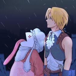 1boy 1other blonde_hair blue_eyes carmen_erla closed_mouth cropped_vest facing_up final_fantasy final_fantasy_ix from_side goku_and_vegeta_in_the_rain_(meme) grey_sky highres long_tongue looking_up medium_hair meme open_mouth ponytail quina_quen rain shirt sky tongue tongue_out very_long_tongue vest zidane_tribal
