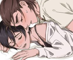 1boy 1girl black_bra black_hair bra breasts brown_hair clenched_hand closed_eyes couple eren_yeager hair_between_eyes hetero implied_sex long_sleeves medium_breasts mikasa_ackerman open_mouth pheoflame shingeki_no_kyojin shirt short_hair short_sleeves sketch sweat twitter_username underwear upper_body white_shirt