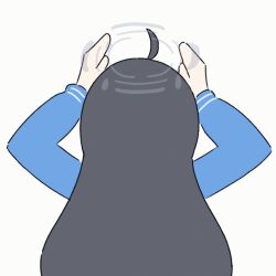1girl ahoge animated animated_gif arms_up black_hair blinking blue_archive blue_shirt blush blush_stickers chibi closed_eyes commentary embarrassed from_behind green_neckerchief grey_halo halo leaf leaf_on_head long_hair long_sleeves looking_at_viewer miyu_(blue_archive) neckerchief no_headgear open_mouth pink_pupils profile rabbit_pose raised_eyebrows red_eyes sailor_collar shirt solo umihio upper_body white_sailor_collar