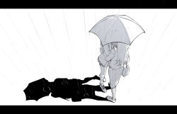 2girls asahina_yuni backpack bag greyscale haoxiangkan_nutong highres hug jacket kyou_wa_kanojo_ga_inai_kara long_hair long_sleeves monochrome multiple_girls pleated_skirt rain shoes shoulder_bag skirt socks taki_fuuko umbrella yuri