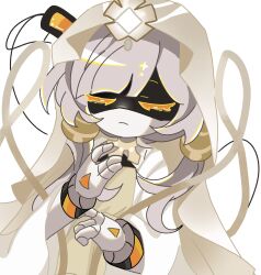 1girl android chinese_clothes closed_eyes cookie_run cookie_run:_kingdom cosplay dress highres j_(murder_drones) katkit637729776 long_hair long_sleeves murder_drones mystic_flour_cookie parody robe solo veil white_dress white_hair white_robe white_veil wide_sleeves