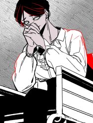 1boy alternate_costume b1ue_e4rth closed_mouth collared_shirt colored_lineart commentary_request cowboy_shot greyscale hands_up interlocked_fingers korean_commentary long_sleeves looking_at_viewer male_focus meguriya_ayumu monochrome own_hands_together pants shirt short_hair sitting smile solo toshi_densetsu_kaitai_center