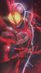 Rule 34 | 1boy, absurdres, antennae, armor, bodysuit, commentary, eye trail, faiz driver, film grain, from above, full body, glitch, glowing, glowing eyes, hand on belt, helmet, highres, holding baton (weapon), kamen rider, kamen rider 555, kamen rider faiz, light trail, looking to the side, male focus, rider belt, solo, tokusatsu, zarasaru