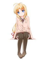 1girl ahoge antenna_hair aquaplus_(company) argyle_clothes argyle_thighhighs black_thighhighs blonde_hair blue_eyes blush cardigan emblem female_focus full_body hair_ribbon head_tilt highres kashiwagi_hatsune kizuato loafers long_hair long_sleeves plaid_clothes plaid_skirt polka_dot ribbon school_uniform shoes shouji_ayumu silhouette simple_background sitting skirt sleeves_past_wrists smile solo sweater thighhighs very_long_hair white_background