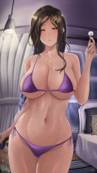 1girl absurdres bikini blush breasts brown_hair cleavage fie_nanoo gradient_hair grey_hair hair_ornament heart heart-shaped_pupils highres large_breasts long_hair looking_at_viewer mole mole_on_neck multicolored_hair navel nijisanji open_mouth orange_eyes shirayuki_tomoe solo stomach swimsuit symbol-shaped_pupils virtual_youtuber