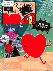 Rule 34 | 1boy, 1other, absurdres, ant tenna, armor, black pants, blue hair, blue skin, cape, colored skin, commentary, crt, deltarune, electric plug, electric plug tail, emphasis lines, english commentary, english text, heart, highres, kris (dark world) (deltarune), kris (deltarune), necktie, object head, outline, pants, partially shaded face, pink cape, pipispaints, running, shirt, soul (deltarune), speech bubble, sweat, tail, tailcoat, twitter username, utdr (toby fox), white outline, white shirt, yellow necktie