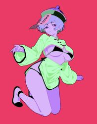 1girl bikini black_bikini breasts closed_mouth colored_inner_hair colored_skin full_body green_hair hat highres jiangshi kneeling large_breasts long_sleeves looking_at_viewer mandarin_collar minminmince multicolored_hair ofuda original pelvic_curtain purple_hair purple_skin qingdai_guanmao red_background sandals short_hair simple_background skirt solo string_bikini swimsuit thick_eyebrows two-tone_hair