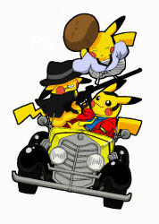 Rule 34 | arsene lupin iii, arsene lupin iii (cosplay), black coat, clothed pokemon, coat, cosplay, crossover, driving, fedora, fiat 500, gen 1 pokemon, gun, hakama, haori, hat, holding, holding gun, holding weapon, ishikawa goemon xiii, ishikawa goemon xiii (cosplay), jacket, japanese clothes, jigen daisuke, jigen daisuke (cosplay), left-hand drive, looking to the side, lupin iii, necktie, nintendo, no humans, pikachu, pokachuu, pokemon, pokemon (creature), red jacket, sideburns, weapon, yellow necktie