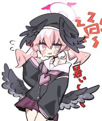 Rule 34 | 1girl, beret, black hat, black shirt, black wings, blue archive, blush stickers, body markings, bra strap, buttons, cowboy shot, eyes visible through hair, feathered wings, gugyuguba, hair between eyes, halo, hand up, hat, hot, koharu (blue archive), long sleeves, looking to the side, low wings, medium hair, miniskirt, multiple wings, neckerchief, open mouth, pink eyes, pink hair, pink halo, pink neckerchief, pink skirt, sailor collar, sailor shirt, school uniform, serafuku, shirt, simple background, single bare shoulder, single off shoulder, single sleeve past fingers, skirt, sleeves past wrists, solo, sun symbol, sweat, twintails, white background, white sailor collar, winged halo, winged hat, wings