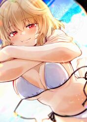 1girl absurdres arcueid_brunestud bare_shoulders barefoot bikini blonde_hair blush breasts crossed_arms feet_up hair_between_eyes hands_on_own_arms highres large_breasts looking_at_viewer loose_bikini lying navel on_stomach red_eyes shimotsukishin short_hair side-tie_bikini_bottom solo string_bikini swimsuit the_pose tsukihime type-moon white_bikini