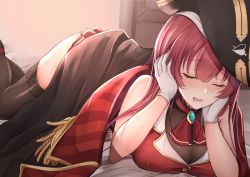 1girl bicorne black_thighhighs blanket breasts cleavage closed_eyes door drooling gloves hair_between_eyes hair_down hat head head_rest hololive houshou_marine indoors jacket long_hair lying miyagi_ratona on_back on_stomach pleated_skirt red_hair red_jacket red_skirt see-through_clothes see-through_cleavage skindentation skirt sleeping sleeveless sleeveless_jacket solo thighhighs virtual_youtuber white_gloves