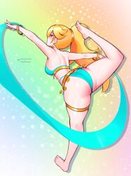 1girl ass barefoot belly_dancer belly_dancer_outfit blonde_hair blue_eyes dancer dancer_outfit dancing from_behind harem_outfit high_ponytail jaxdrawz jewelry leg_up long_hair mario_(series) nintendo ponytail rosalina solo thighlet veil