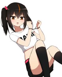 Rule 34 | 1girl, bamiko (nanju bami), black hair, black skirt, blush, brown eyes, brown hair, character name, clothes writing, commentary, english commentary, fang, hair between eyes, hair bobbles, hair ornament, highres, looking at viewer, midriff, mixed-language commentary, multicolored hair, nanju bami, navel, open mouth, original, pleated skirt, shirt, short sleeves, simple background, skirt, smile, solo, standing, streaked hair, twintails, white background, white shirt