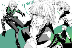 1boy ? aged_down armor black_footwear black_gloves black_jacket black_pants black_shirt boots final_fantasy final_fantasy_vii final_fantasy_vii_ever_crisis furrowed_brow gloves hair_between_eyes hand_on_another&#039;s_chin hand_on_another&#039;s_head jacket knee_boots male_focus monochrome multiple_views out_of_frame pants parted_bangs parted_lips sephiroth sephiroth_(ever_crisis) shirt short_hair shoulder_armor sitting sleeveless sleeveless_turtleneck slit_pupils sparkle turtleneck vambraces what yan_river