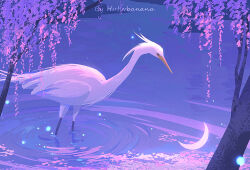 animal animal_focus artist_name bird crescent_moon flower huhv. moon night no_humans original outdoors petals reflection reflective_water ripples standing standing_on_liquid tree water wisteria
