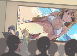 1boy 2girls agnes_claudel bikini blonde_hair blush breasts cleavage commentary computer desktop_(computing) eiyuu_densetsu elaine_auclair english_commentary facepalm green_eyes hair_between_eyes hair_bun high_heels highres holding holding_shoes holding_unworn_clothes icon_(computing) indoors kuro_no_kiseki_(series) laptop large_breasts long_hair meme multiple_girls naisu_(nai_su01) parted_bangs presentation_gone_wrong_(meme) shoes single_side_bun sweatdrop swimsuit unworn_shoes van_arkride white_bikini
