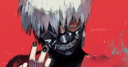 1boy artist_name black_mask black_nails commentary commentary_request english_commentary eyepatch glowing glowing_eyes gums highres kaneki_ken leather_mask looking_at_viewer male_focus mixed-language_commentary mowar25 nose portrait red_background red_eyes short_hair solo teeth tokyo_ghoul white_hair wispy_bangs zipper_pull_tab