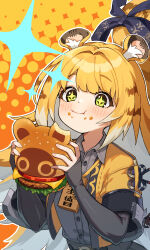 +_+ 1girl :t animal_ears arikacoco blonde_hair burger buttons collared_shirt commentary eating fingernails food food_on_face green_eyes grey_shirt highres holding holding_burger holding_food jacket jewelry ju_fufu long_hair necklace orange_background shirt simple_background solo sparkle striped_hair symbol-only_commentary tail tiger_ears tiger_girl tiger_tail upper_body white_hair yellow_jacket zenless_zone_zero
