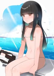 1girl alternate_costume bikini bikini_top_only black_hair black_sailor_collar blue_hair blunt_bangs blush bottomless breasts brown_eyes cloud commentary_request day gradient_hair hatsuyuki_(kancolle) hatsuyuki_kai_ni_(kancolle) hime_cut kantai_collection long_hair micro_bikini multicolored_hair ocean outdoors sailor_collar shin_(new) sitting sky small_breasts solo swimsuit unworn_clothes water white_bikini