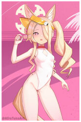 1girl absurdres afrotunaart animal_ear_fluff animal_ears bare_legs bare_shoulders blonde_hair blue_archive breasts covered_navel cross_halo diamond_cutout extra_ears fox_ears fox_girl fox_tail hair_over_one_eye halo hand_up highleg highleg_one-piece_swimsuit highres holding holding_removed_eyewear loli long_hair official_alternate_costume one-piece_swimsuit one_eye_covered open_mouth pink_eyes seia_(blue_archive) seia_(swimsuit)_(blue_archive) side_ponytail small_breasts solo swimsuit tail teeth thighs triangle_mouth unworn_eyewear upper_teeth_only very_long_hair visor_cap white_one-piece_swimsuit yellow_halo yellow_visor