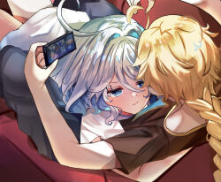 1boy 1girl absurdres aether_(genshin_impact) ahoge bimmy black_shirt blonde_hair blue_eyes blue_hair blue_pupils blush braid braided_ponytail cellphone closed_mouth commentary couch english_commentary furina_(genshin_impact) genshin_impact girl_on_top hair_between_eyes heterochromia highres holding holding_phone hug long_hair looking_at_another lying medium_hair multicolored_hair on_back phone shirt very_long_hair white_hair white_shirt