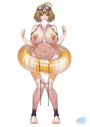 1girl ahoge anis_(nikke) anis_(sparkling_summer)_(nikke) bikini breasts eyewear_on_head full_body goddess_of_victory:_nikke gonster highres huge_breasts jacket looking_at_viewer navel official_alternate_costume open_clothes open_jacket short_hair solo swim_ring swimsuit thighs unworn_bikini_bottom unworn_bikini_top white_background white_bikini