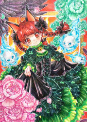 1girl animal_ears bell braid cat_ears cat_girl closed_mouth colored_pencil_(medium) dress flower green_dress green_flower highres hitodama kaenbyou_rin looking_at_viewer marker_(medium) neck_bell papapapappa123 pink_flower red_eyes red_hair side_braids skull solo touhou traditional_media twin_braids