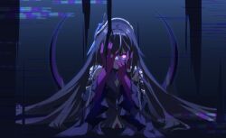 1girl absurdres artist_logo bare_shoulders black_dress black_hair breasts cleavage commentary_request dress evil_smile glitch hands_on_own_face headgear highres honkai_(series) honkai_impact_3rd large_breasts leylah_(honkai_impact) logo long_hair long_sleeves looking_at_viewer luyue parted_lips partially_submerged purple_eyes purple_hands smile solo very_long_hair wide_sleeves
