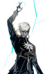 Rule 34 | 1boy, absurdres, arm up, black shirt, blue eyes, colored skin, crossed fingers, earrings, fate/grand order, fate (series), fog fgo, gloves, grey skin, grin, highres, indra (fate), jewelry, lightning bolt facial mark, looking at viewer, male focus, shirt, short hair, simple background, smile, upper body, white background, white hair