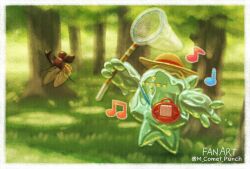 Rule 34 | blurry, blurry background, border, bug, butterfly net, commentary request, day, forest, gen 3 pokemon, grass, hand net, hat, highres, komepan, legendary pokemon, musical note, nature, nintendo, no humans, outdoors, pokemon, pokemon (creature), pokemon focus, regice, standing, tree, twitter username, white border, yellow hat